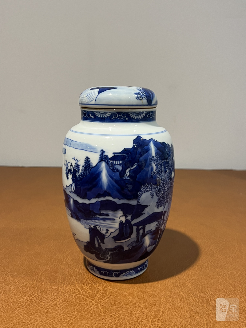 清康熙 青花山水人物纹莲子罐 - 图2